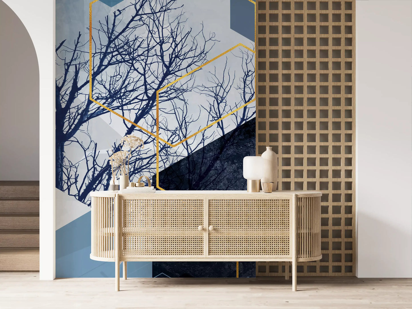 Abstract wall mural featuring gold geometric lines and dark tree silhouettes.