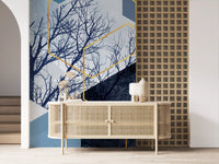 Abstract wall mural featuring gold geometric lines and dark tree silhouettes.