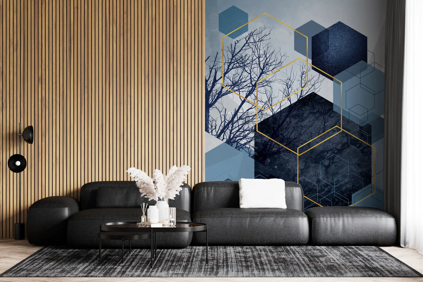 Blue and grey patterned wall mural with overlapping geometric shapes.