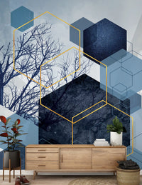Geometric Forest Glimmer Wall Mural in minimalist hallway with blue tone.