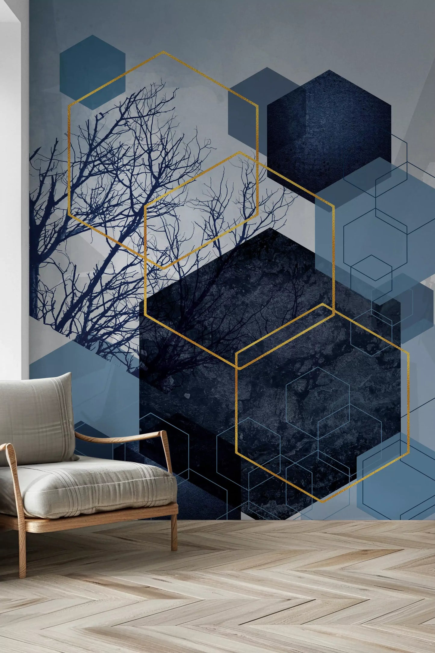 Geometric Forest Glimmer Wall Mural with blue and grey hexagonal shapes in hallway.