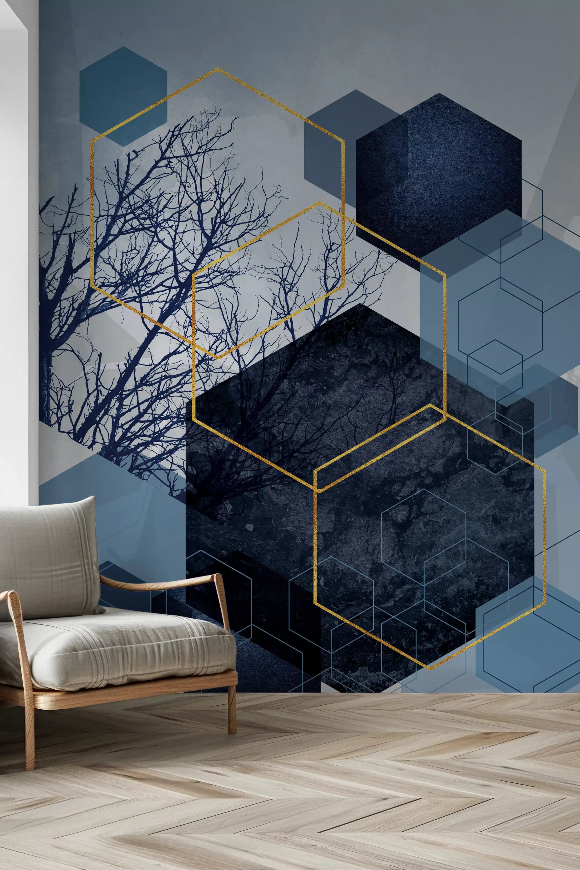 Geometric Forest Glimmer Wall Mural with blue and grey hexagonal shapes in hallway., GD10271