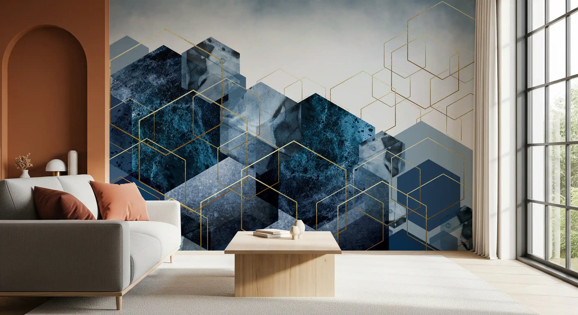 Geometric wall mural with overlapping blue cube shapes., GD10272
