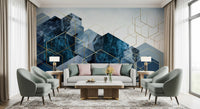 Textured blue wall mural with metallic gold accents in living area., GD10272