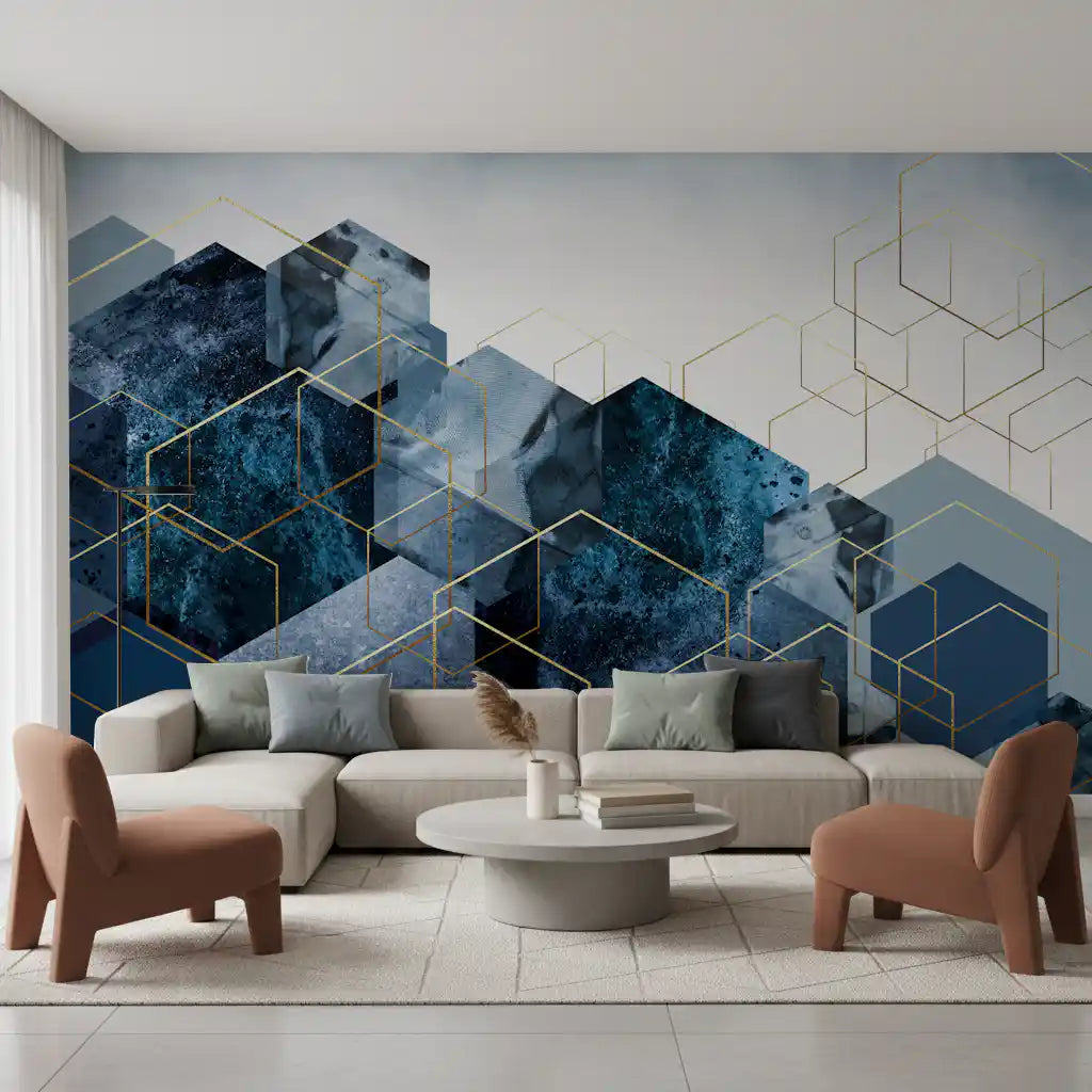 Large scale geometric wall mural with navy and grey gradients., GD10272