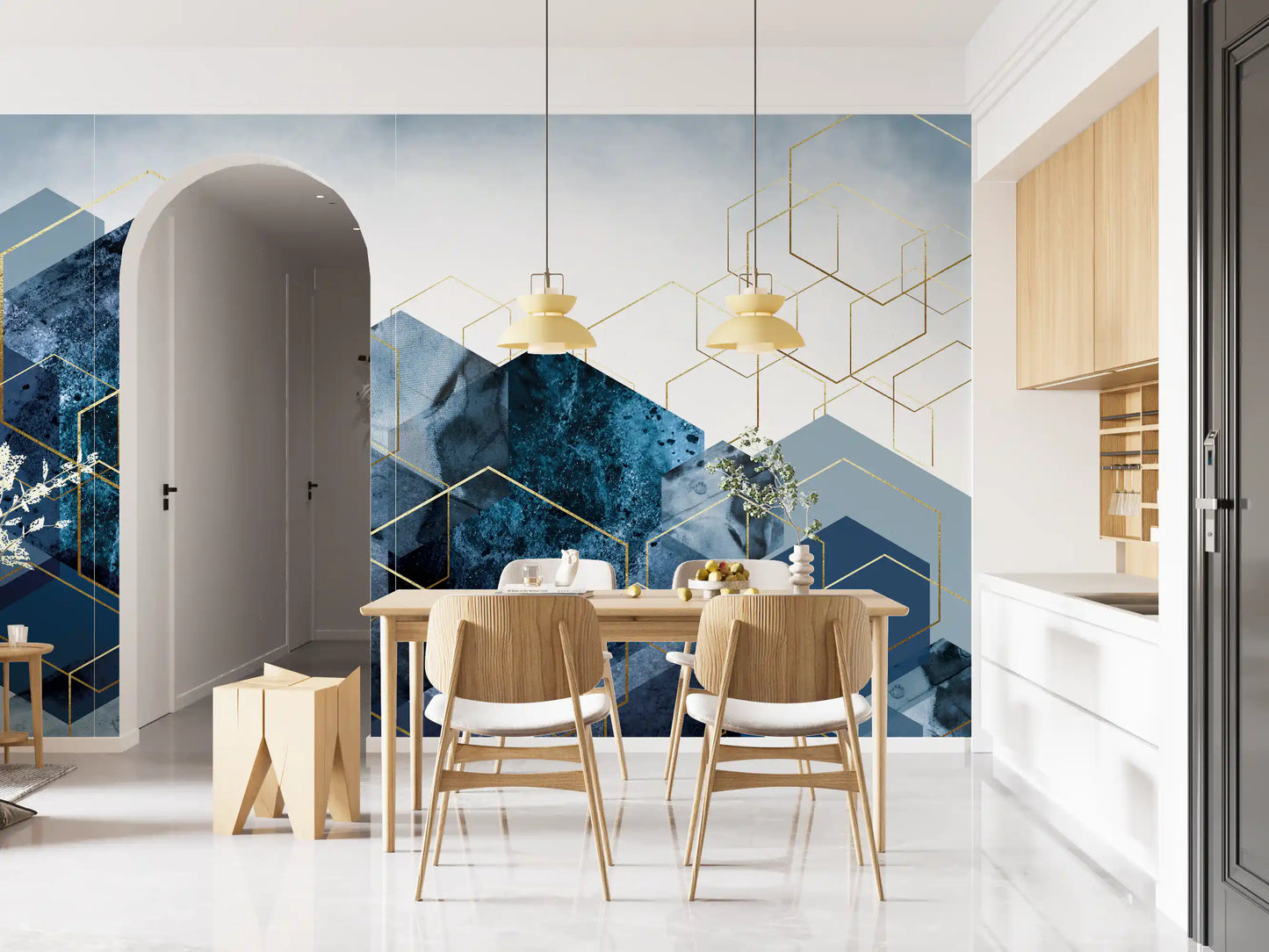 Navy blue abstract wall mural featuring structured cube motifs., GD10272