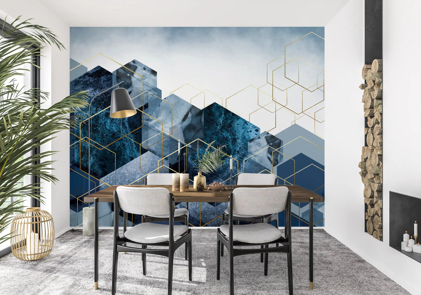 Artistic blue and gold wall mural for a stylish dining area., GD10272