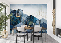 Artistic blue and gold wall mural for a stylish dining area., GD10272