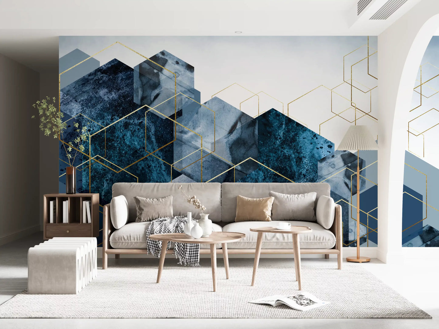 Contemporary wall mural featuring stacked blue hexagon forms., GD10272