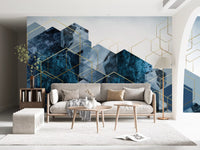 Contemporary wall mural featuring stacked blue hexagon forms., GD10272