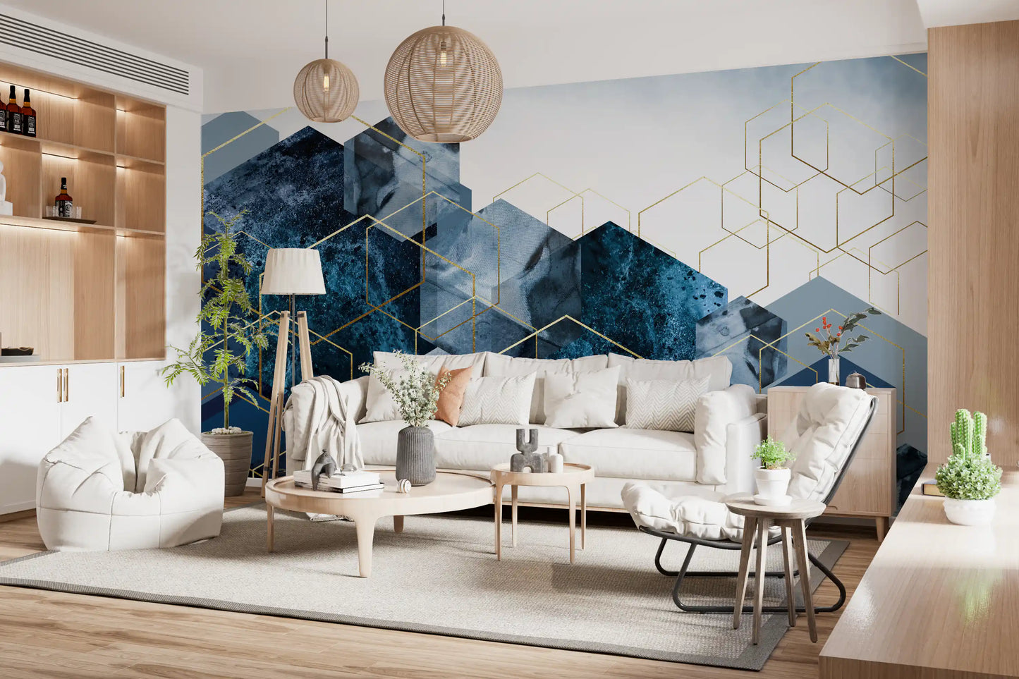 Gold geometric lines on a deep blue wall mural., GD10272