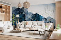 Gold geometric lines on a deep blue wall mural., GD10272