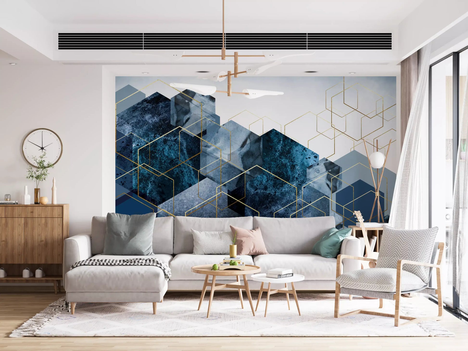 Minimalist wall mural design with blue shapes in bright living space., GD10272