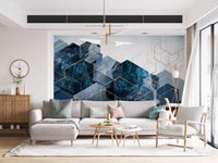 Minimalist wall mural design with blue shapes in bright living space., GD10272