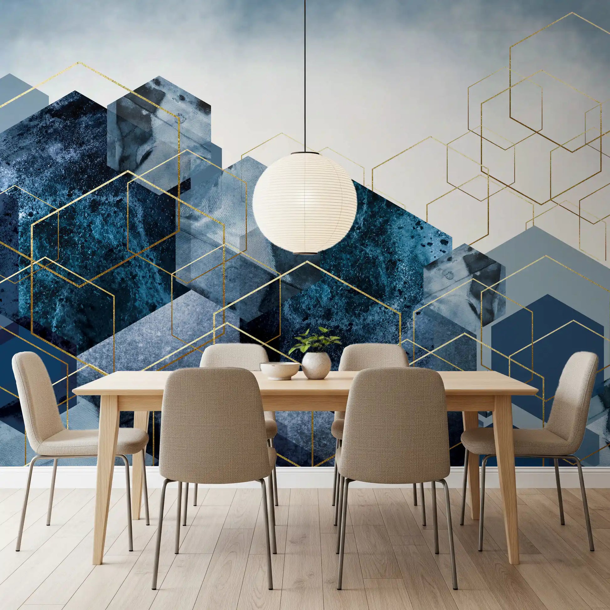 Blue textured wall mural with geometric shapes in dining room., GD10272