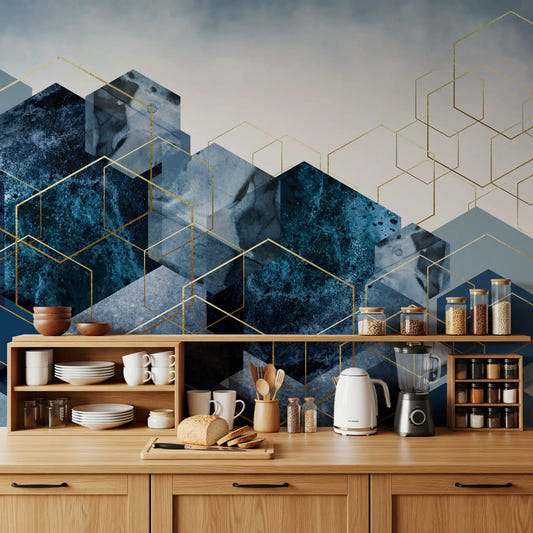 Modern geometric wall mural in kitchen backdrop with blue hexagon shapes.