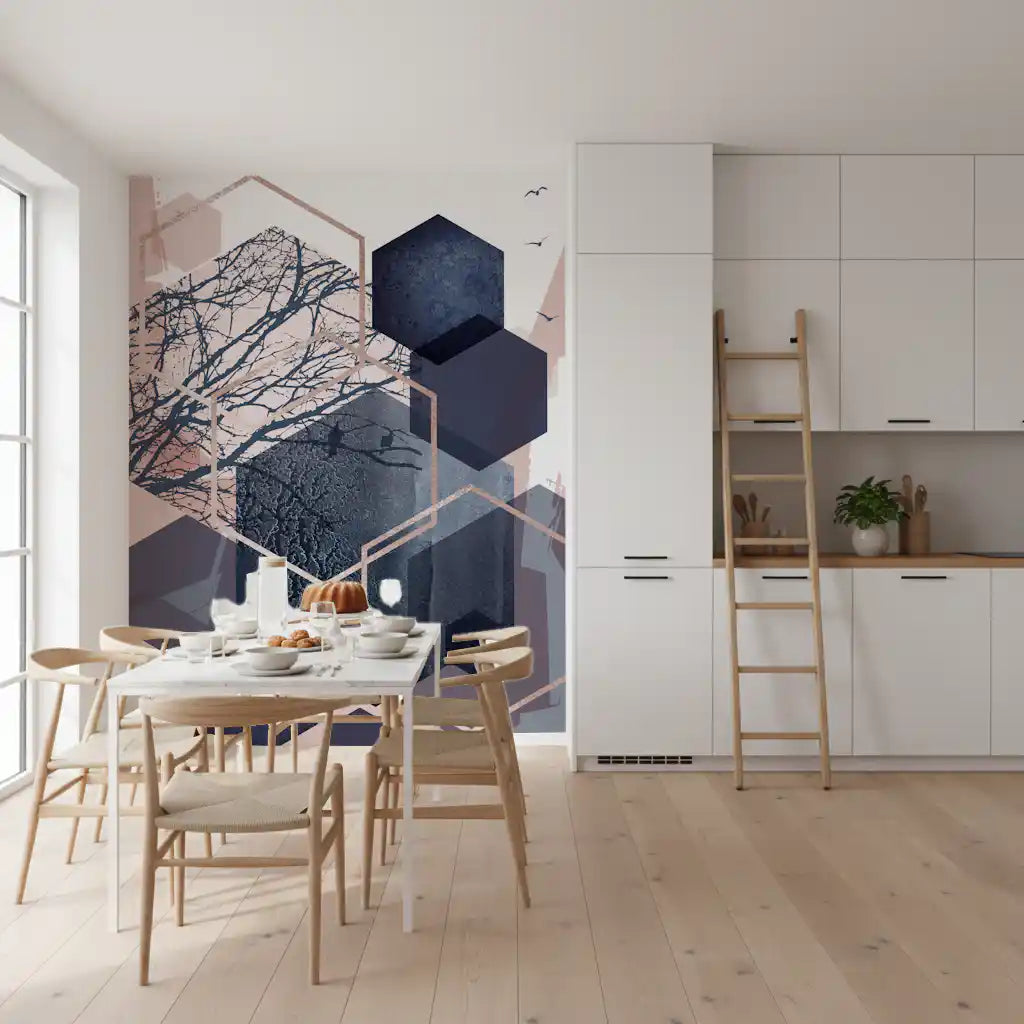 Abstract wall mural with muted blue textures and blush geometric edges., GD10273