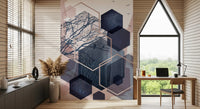 Study room wall mural with geometric forest patterns and flying birds., GD10273