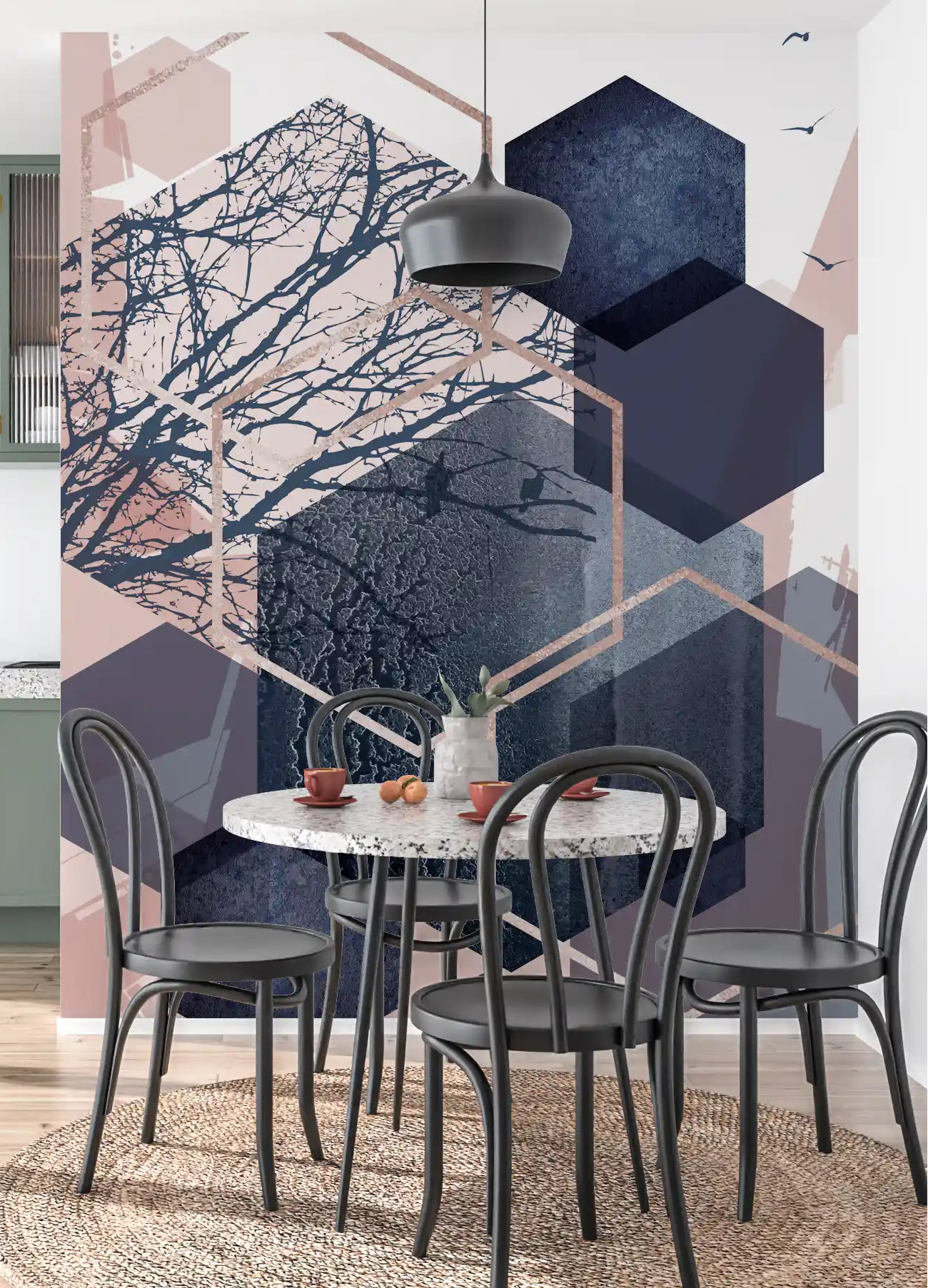 Modern wall mural featuring dark tree silhouettes and flying birds in dining room., GD10273