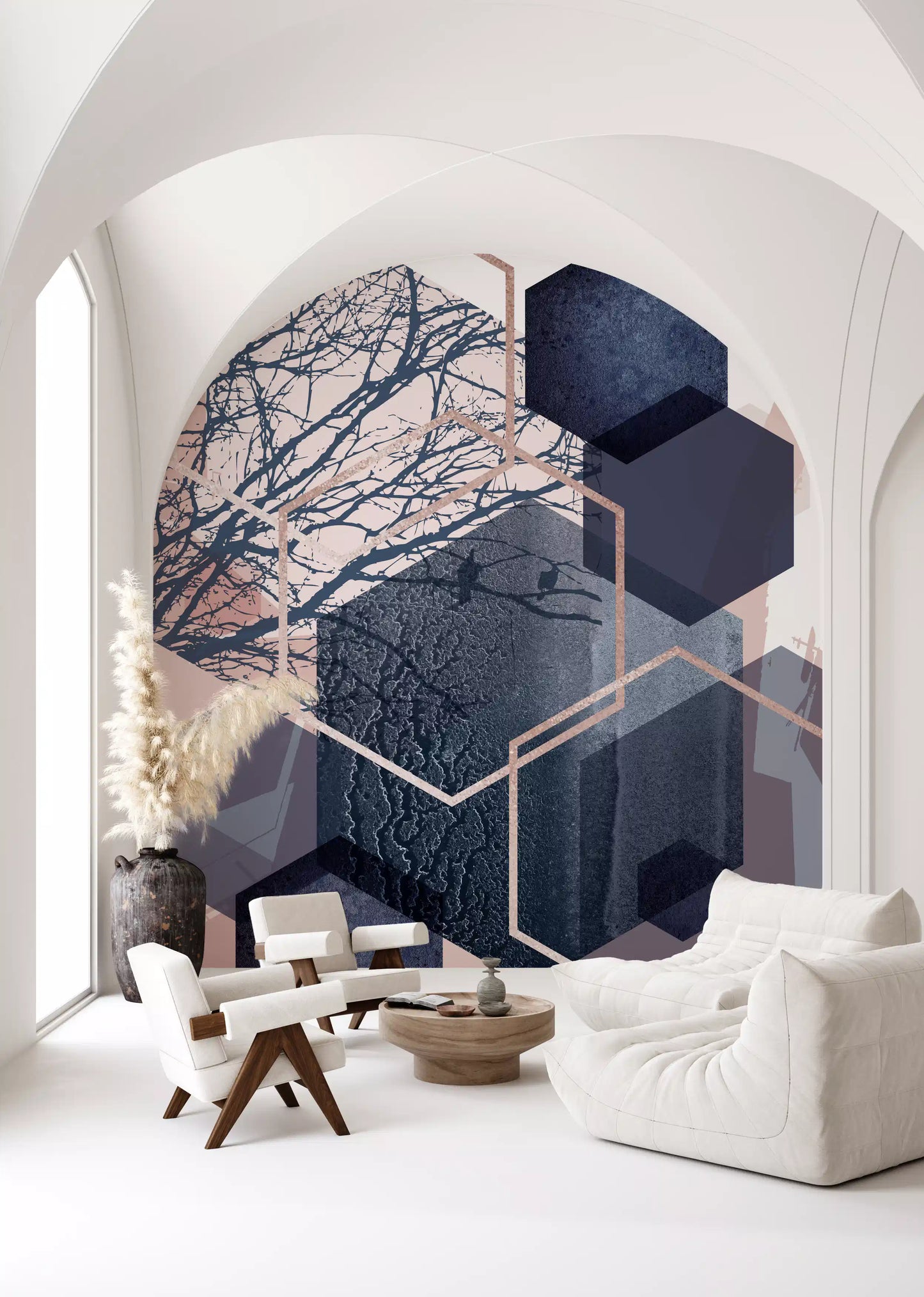Abstract wall mural with blue hexagonal shapes and soft pink tones., GD10273