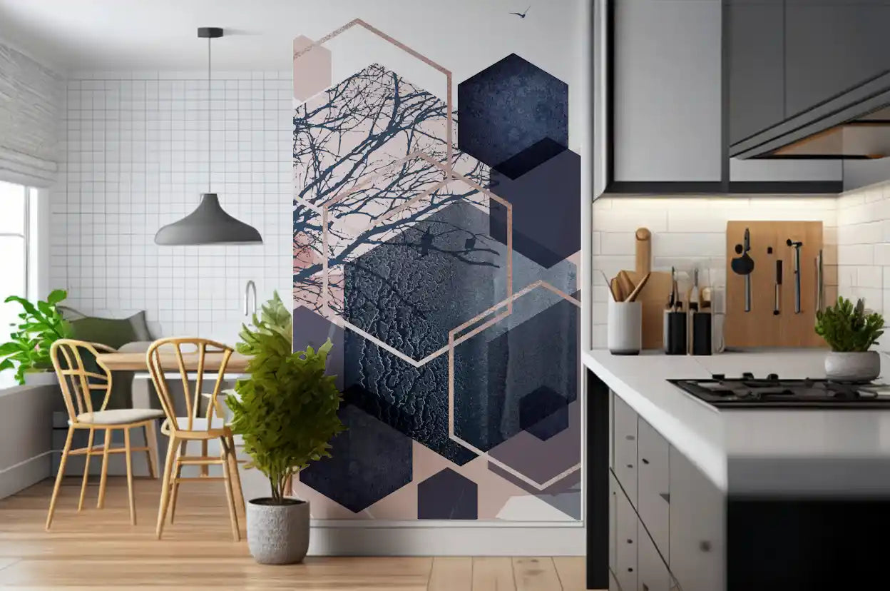Geometric Forest Flight Wall Mural with pink hexagons in kitchen., GD10273