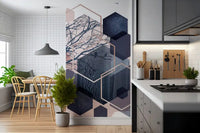 Geometric Forest Flight Wall Mural with pink hexagons in kitchen., GD10273