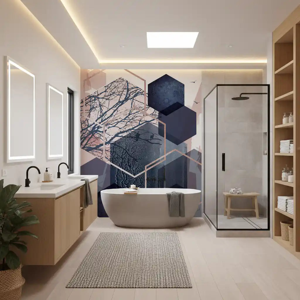 Geometric Forest Flight Wall Mural featuring intersecting light lines in bathroom., GD10273