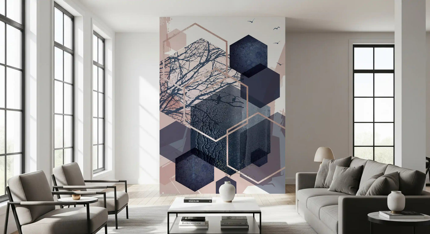 Living room wall mural displaying dark forest motifs in hexagons., GD10273