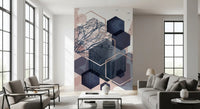 Living room wall mural displaying dark forest motifs in hexagons., GD10273
