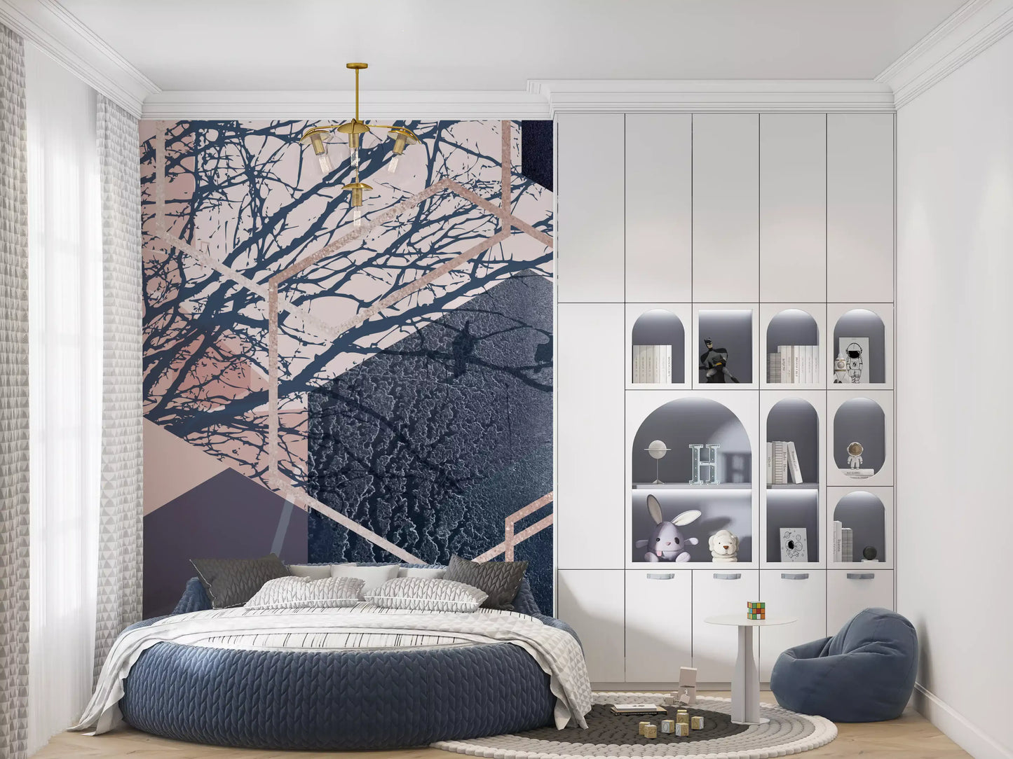 Forest flight wall mural with clean geometric lines and bird silhouettes., GD10273