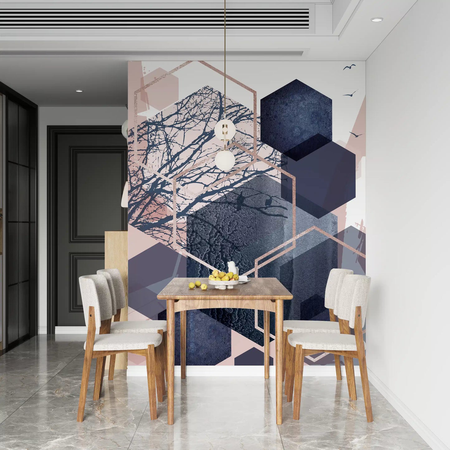 Modern wall mural with a structured blue and pink abstract design., GD10273