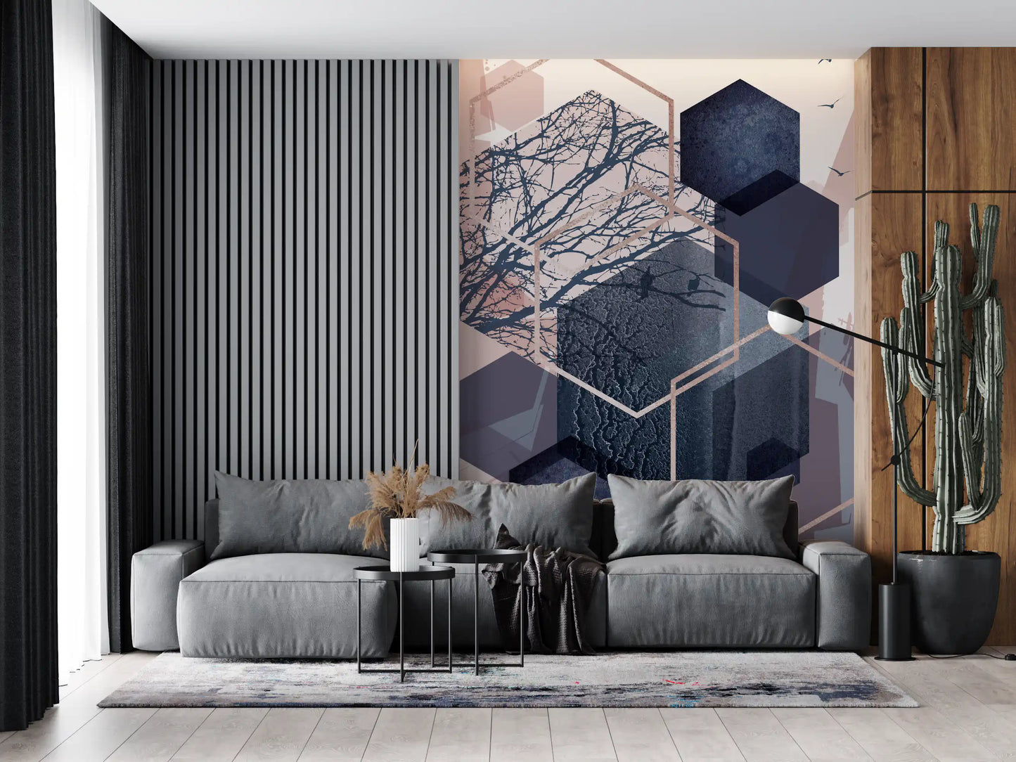 Wall mural with layered dark blue cubes and subtle blush accents., GD10273