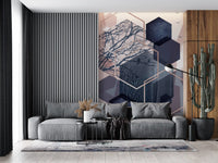Wall mural with layered dark blue cubes and subtle blush accents., GD10273