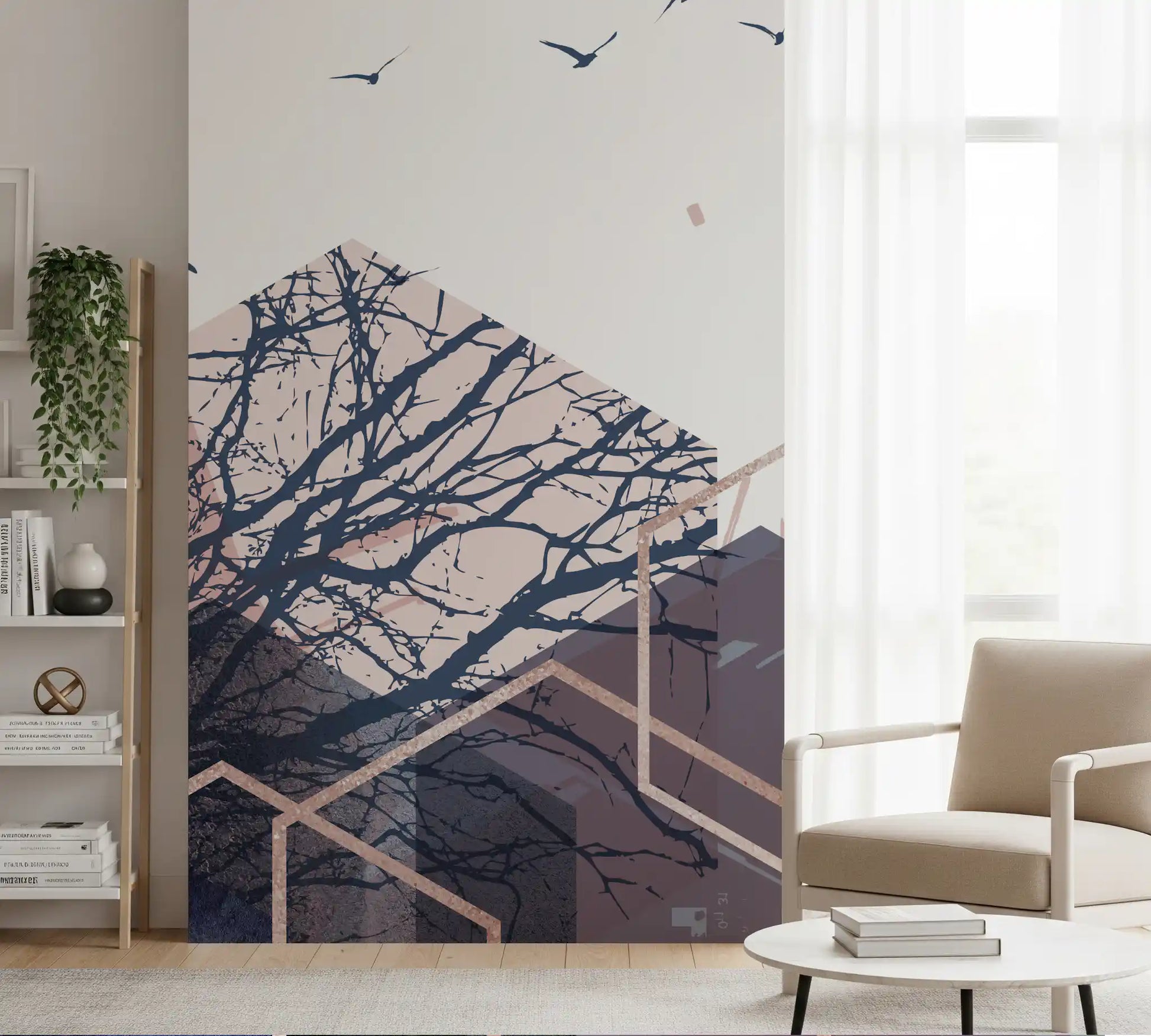 Geometric wall mural with tree branches and birds for a reading area., GD10274