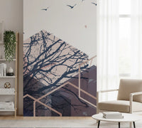 Geometric wall mural with tree branches and birds for a reading area., GD10274