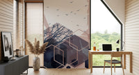 Decorative wall mural featuring layered trees and birds for a study., GD10274