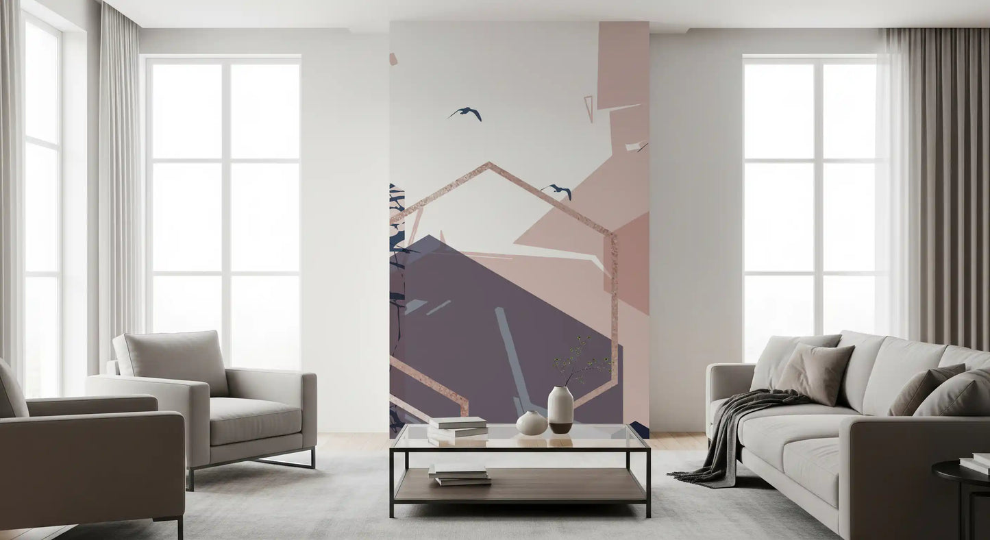 Abstract wall mural with soft pink and blue tones in living room., GD10274