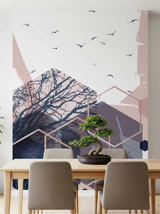 Geometric Forest Flight Wall Mural with hexagonal shapes and flying birds in dining room.