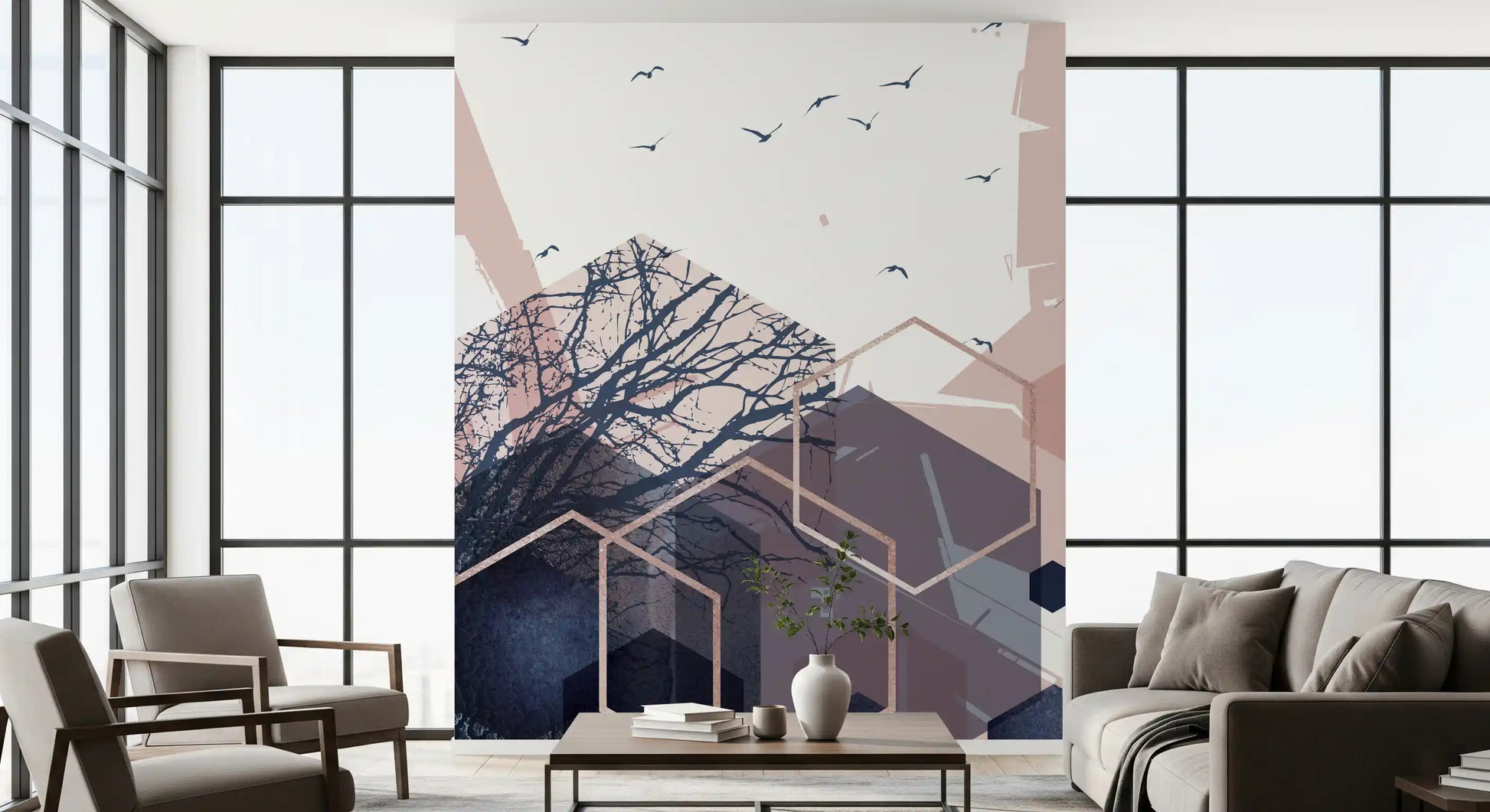 Geometric Forest Flight Wall Mural with soft pink and deep blue accents., GD10274