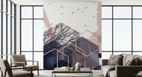 Geometric Forest Flight Wall Mural with soft pink and deep blue accents., GD10274