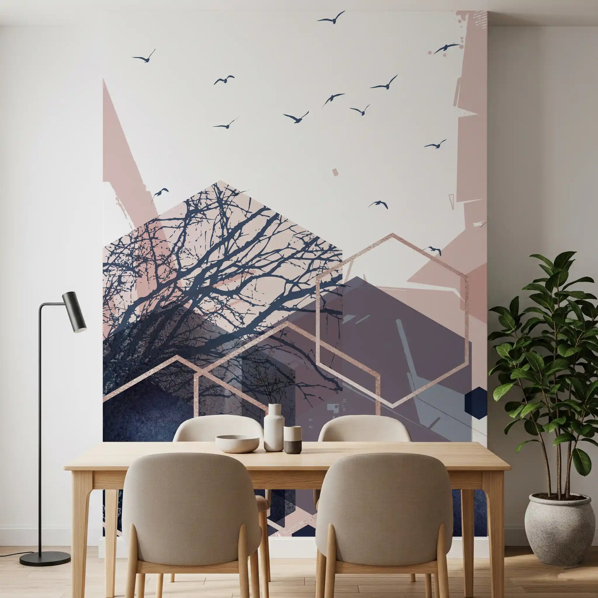 Creative wall mural with flying birds and geometric shapes in dining area., GD10274