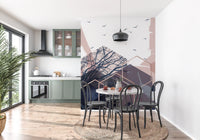 Abstract trees with birds on a pink and blue geometric wall mural., GD10274