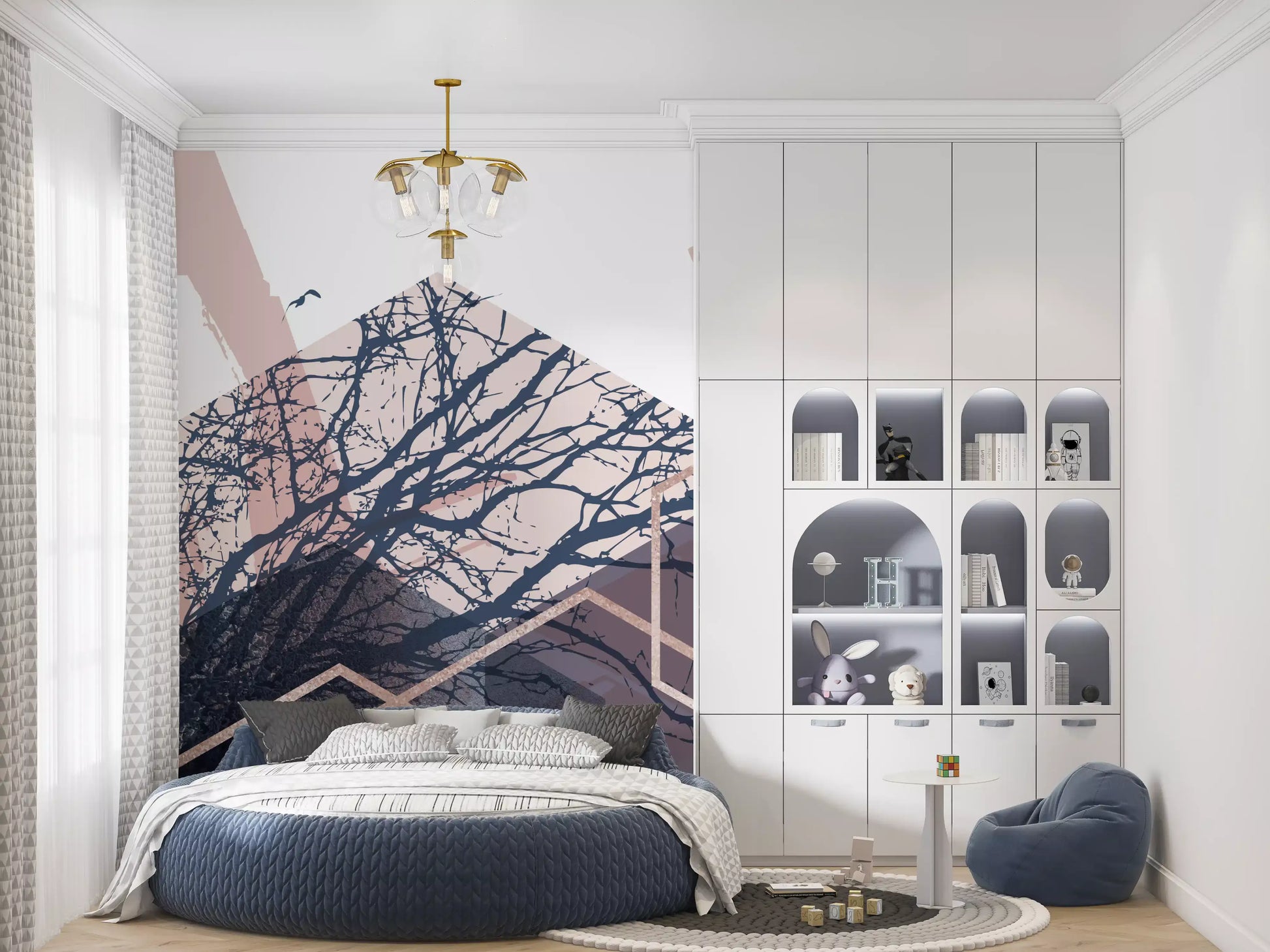 Wall mural showcasing a forest theme with birds and hexagonal frames., GD10274