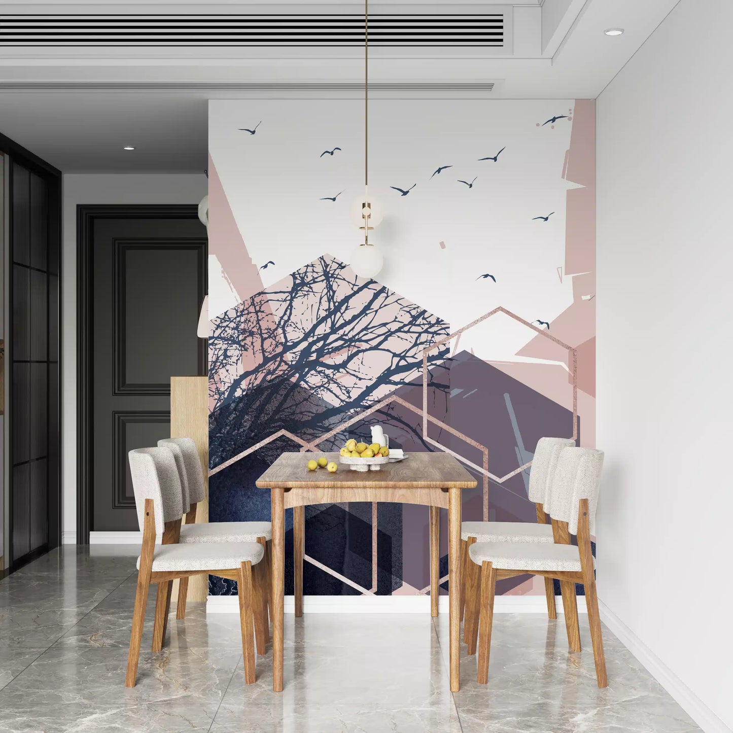 Minimalist wall mural design with birds and pink geometric patterns., GD10274