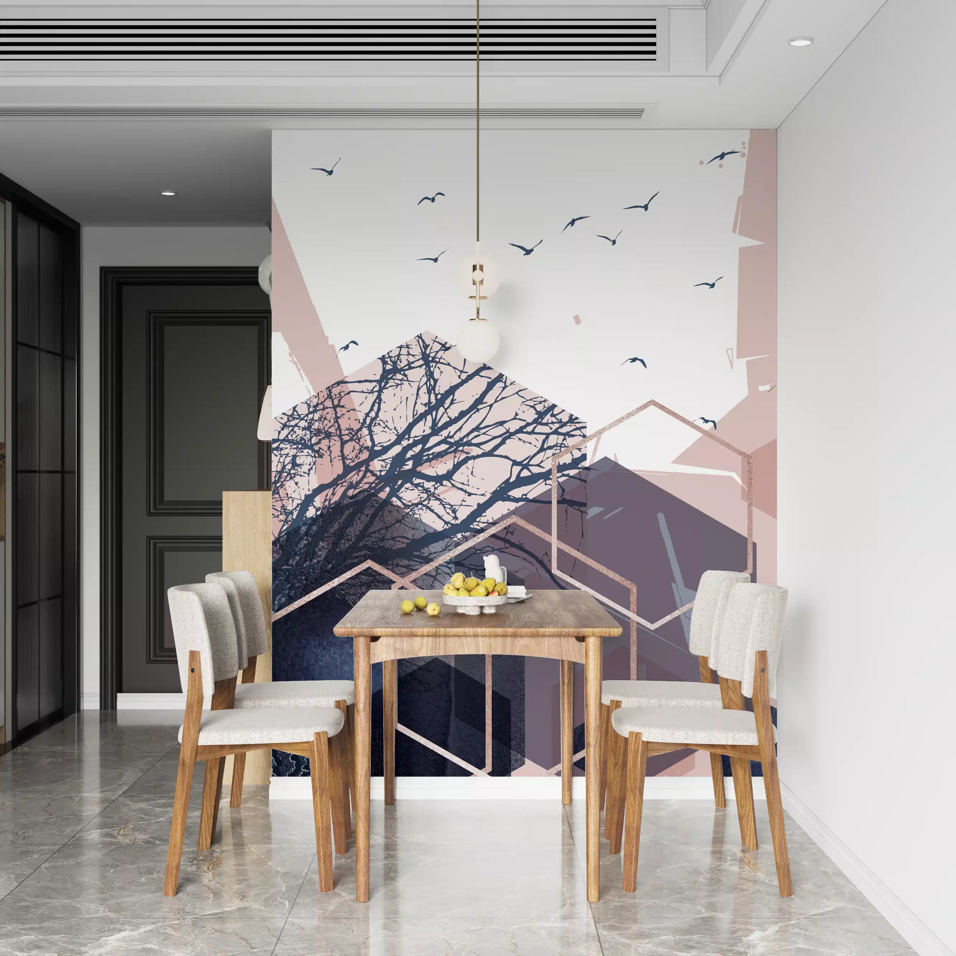 Minimalist wall mural design with birds and pink geometric patterns., GD10274