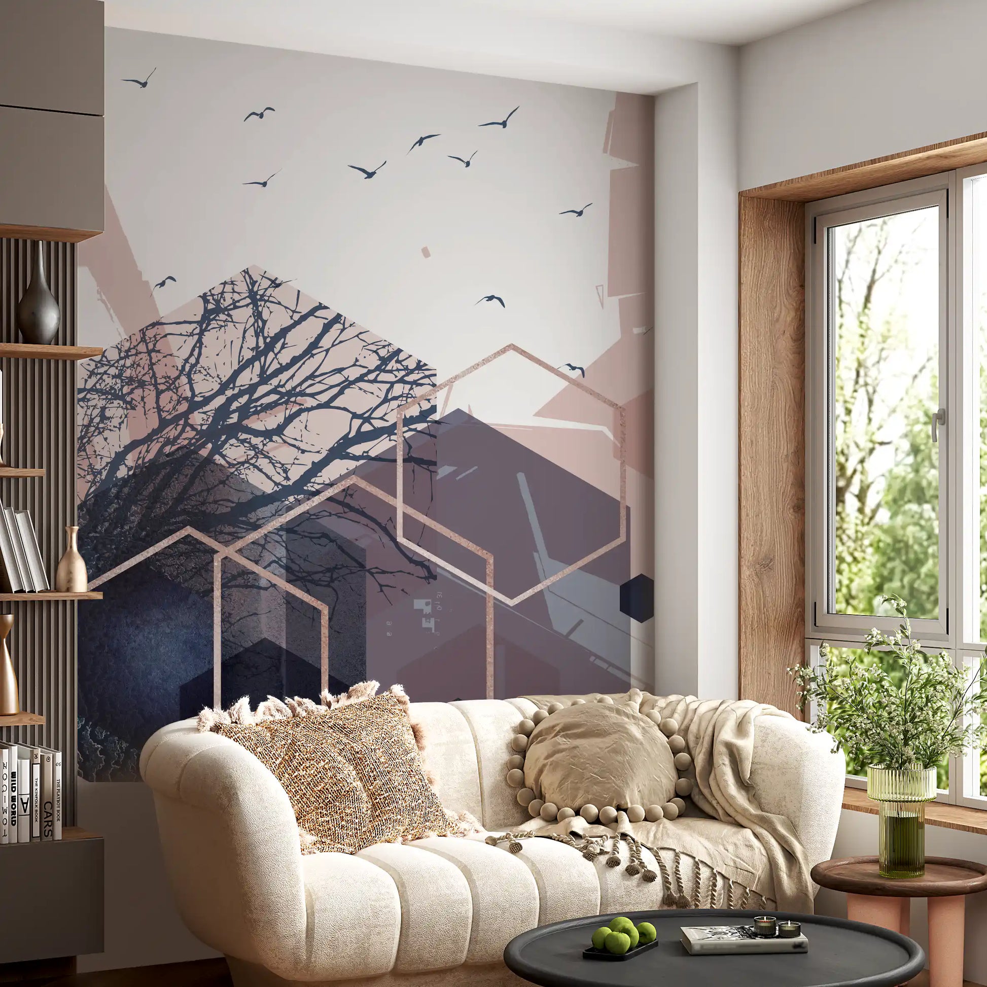Modern wall mural featuring dark forest silhouettes and hexagonal lines., GD10274