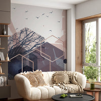 Modern wall mural featuring dark forest silhouettes and hexagonal lines., GD10274