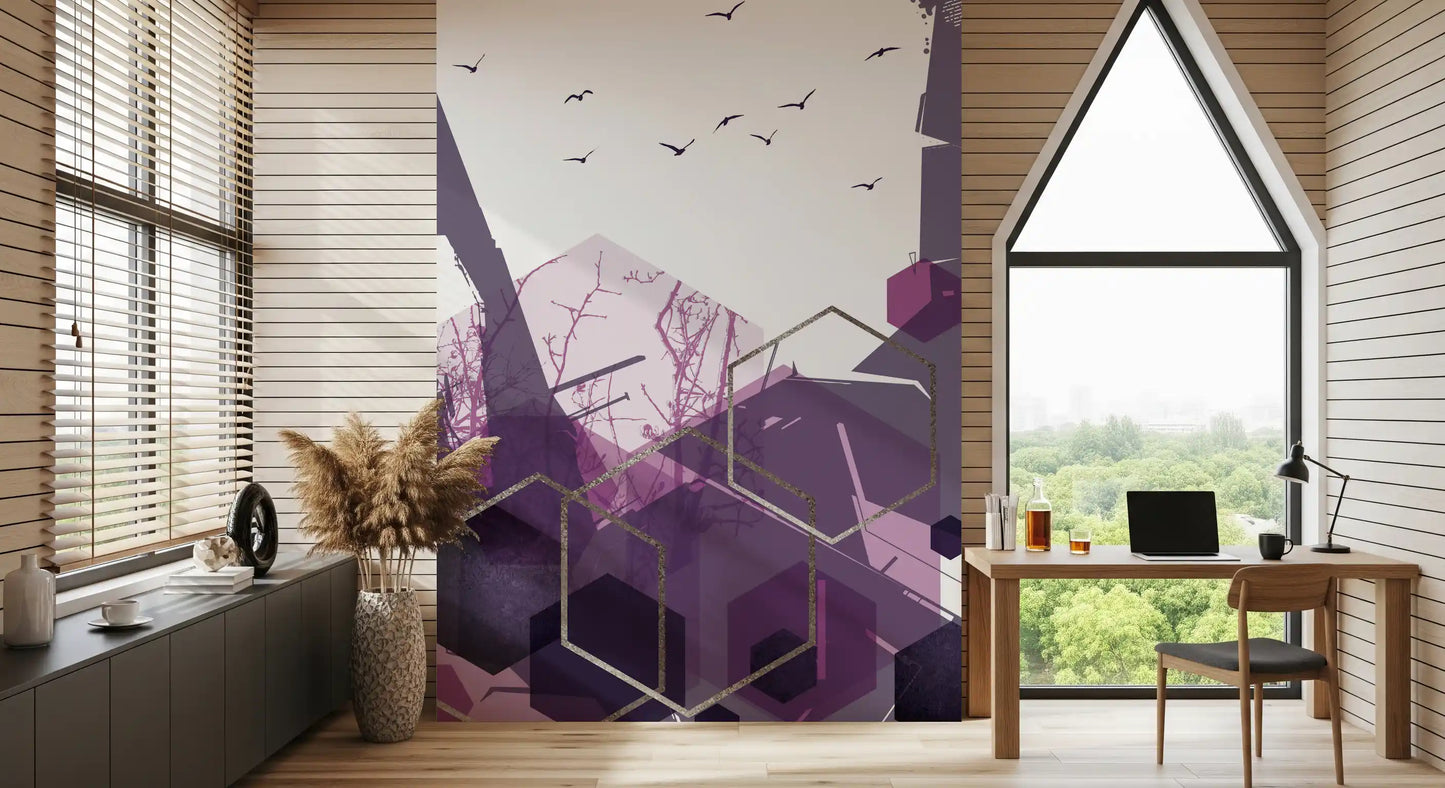 Abstract wall mural with birds and dark purple hexagons in study room., GD10275