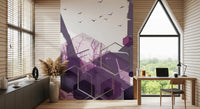 Abstract wall mural with birds and dark purple hexagons in study room., GD10275