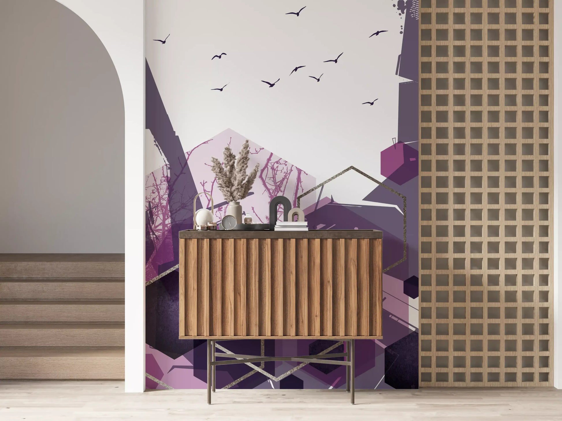 Decorative wall mural showing geometric patterns in entryway area., GD10275